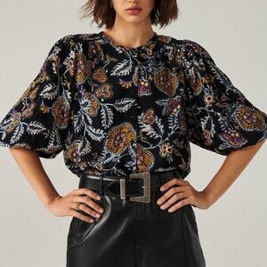 Ba&sh Valska Printed Blouse Peasant Button Down Shirt Black Floral Small